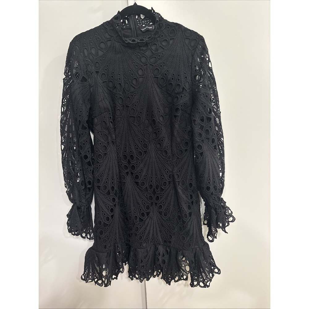 PRETTY LITTLE THING Black Lace Mini Dress High Neck - Size 12 USA - Picture 3 of 5